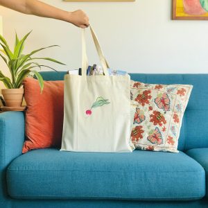 Photo of canvas tote bag with radish print