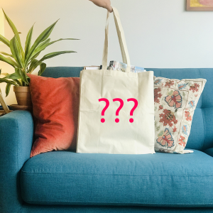 Blank tote with pink question marks suggesting you can get anything printed